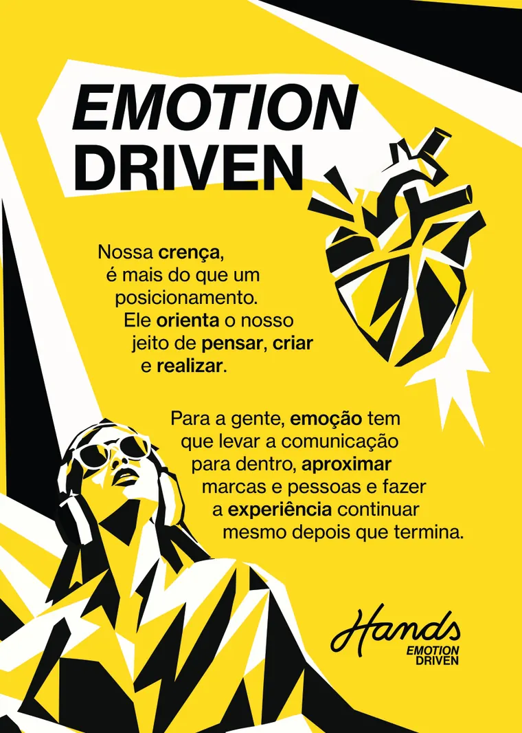 Cartaz "Emotion Driven" com um coração geométrico e uma mulher de fones de ouvido olhando para o alto.